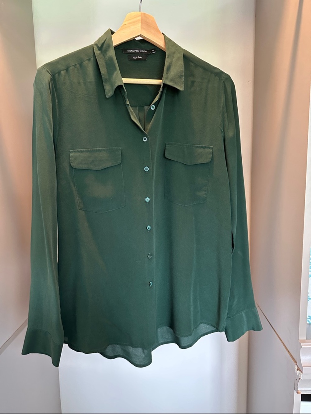 Deep Green 100% silk Button-Down sheer Shirt